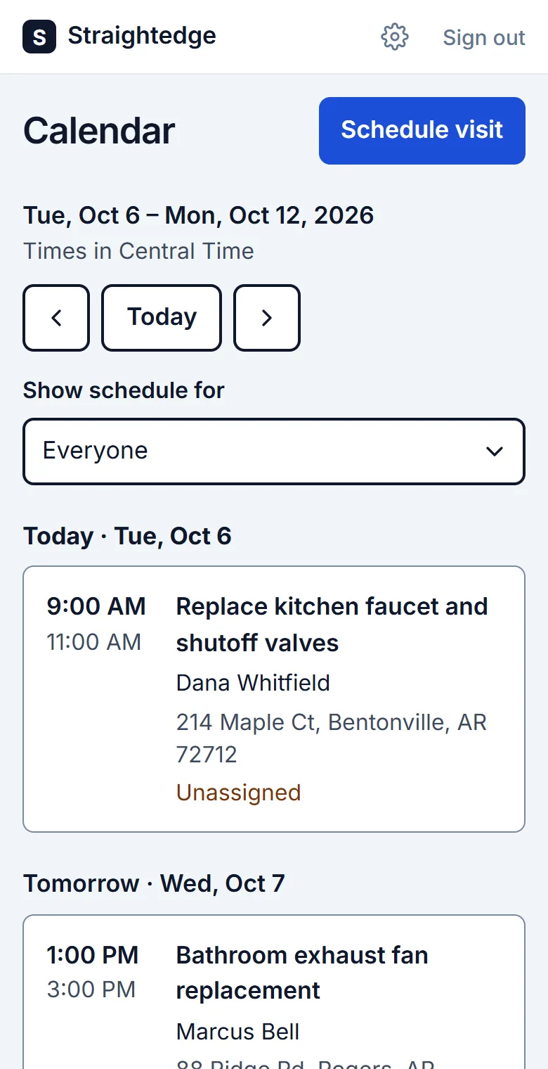 Calendar for Tuesday Oct 6: 9:00 to 11:00 AM, Replace kitchen faucet and shutoff valves, Dana Whitfield, 214 Maple Ct.