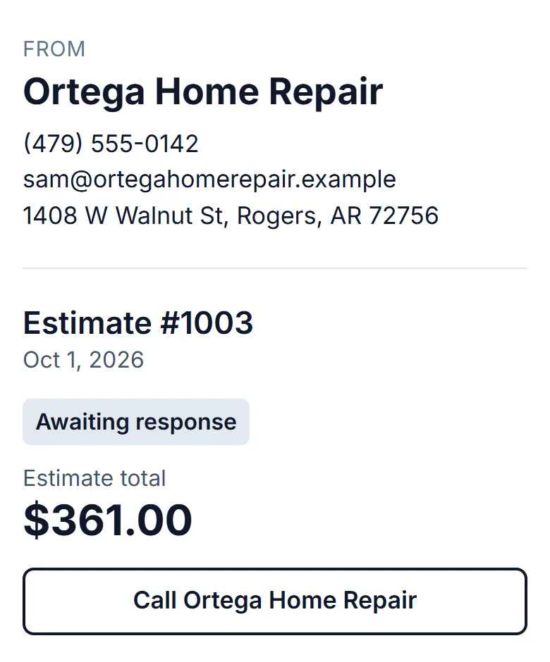 Dana's phone: estimate #1003 from Ortega Home Repair, awaiting response, total $361.00, with a Call Ortega Home Repair button.