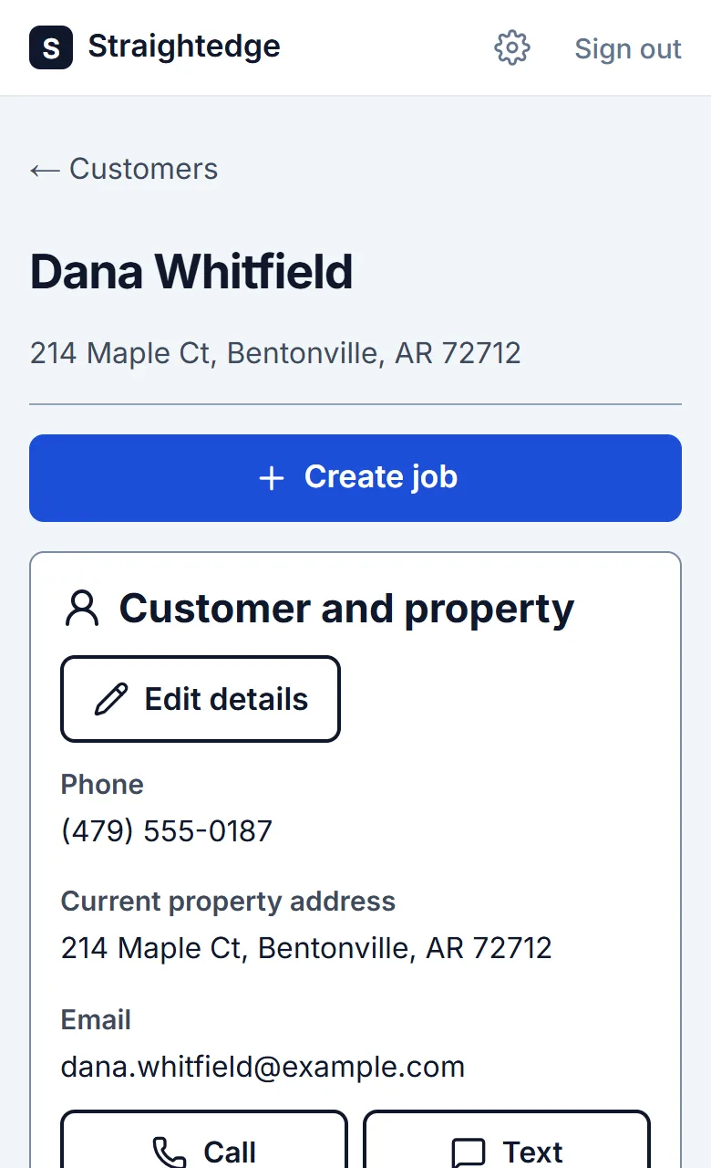 Customer record for Dana Whitfield, 214 Maple Ct, with Create job and Call, Text, Email and Directions buttons.
