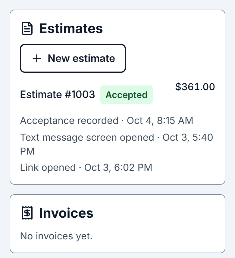 Estimate #1003, $361.00, Accepted: acceptance recorded Oct 4 at 8:15 AM, link opened Oct 3 at 6:02 PM.