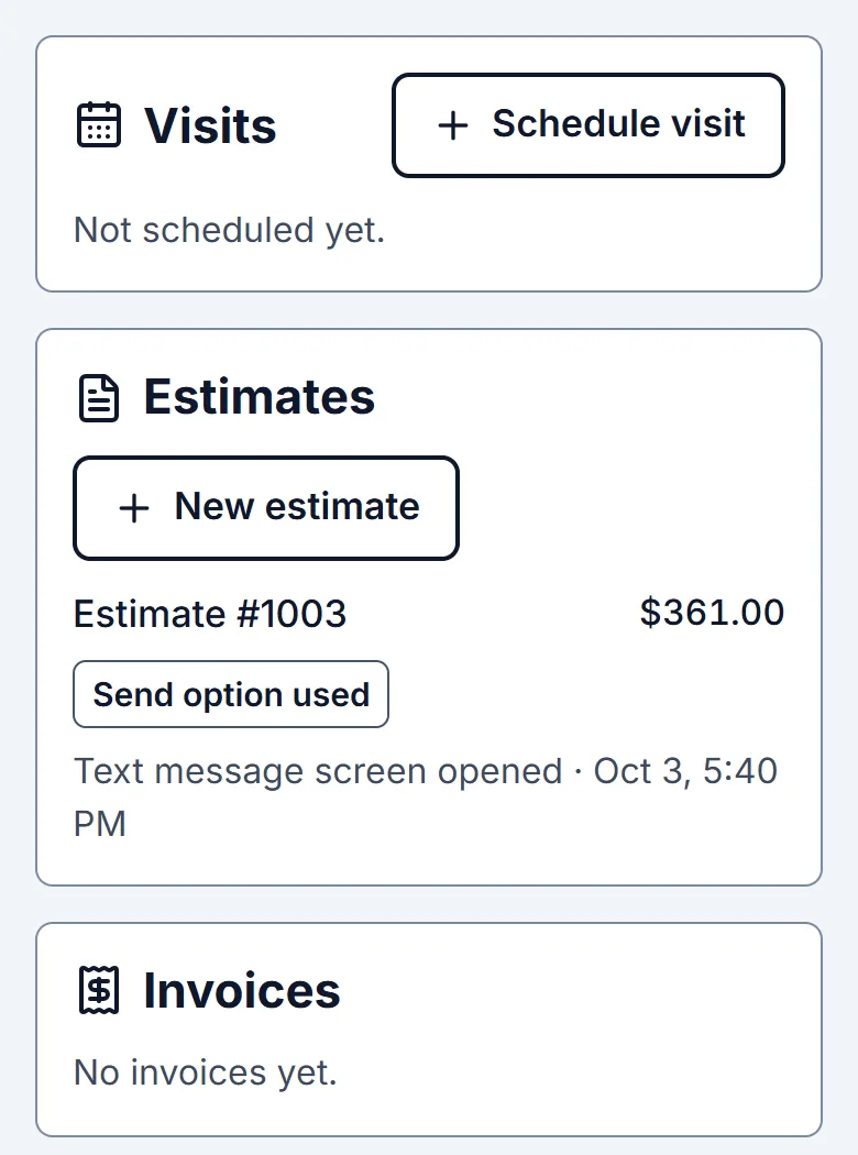 Dana's job in Straightedge: no visit scheduled yet, estimate #1003 for $361.00 with Send option used, text message screen opened Oct 3 at 5:40 PM.